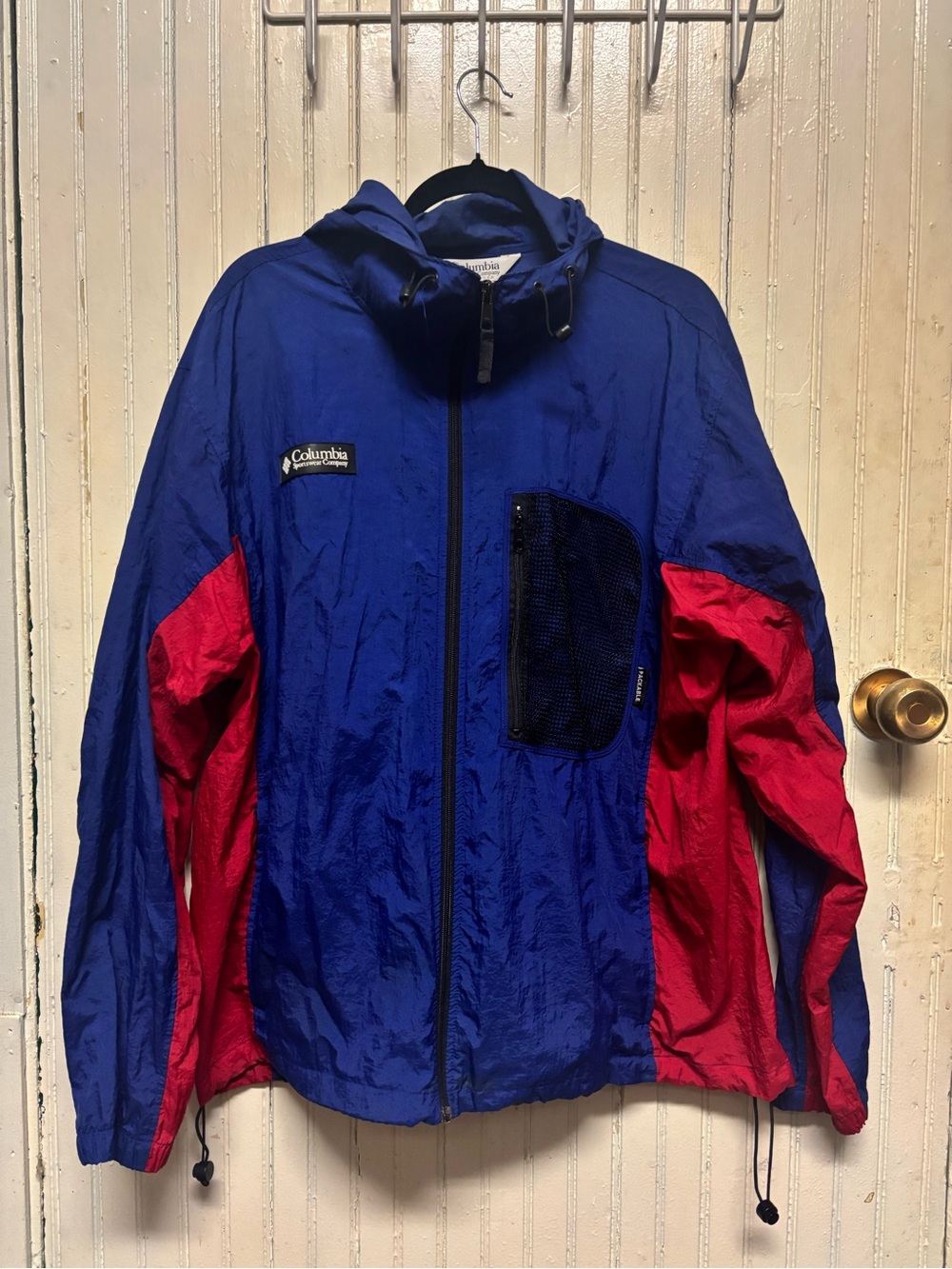 Columbia Blue and Red Hooded Windbreaker Jacket